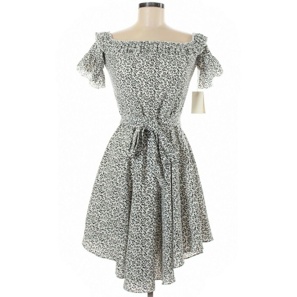 TULAROSA Ciao Bella off the shoulder ruffle tie waist dress black white Sz M NEW